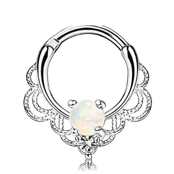 16G Opal & CZ Surgical Steel 10mm Single Hoop Septum/ Daith Clicker NWT - Picture 6 of 11